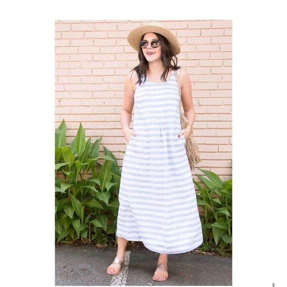 New J Jill 100% Linen White Blue Striped Maxi Dress Size XSP Petite Nautical - Picture 12 of 12